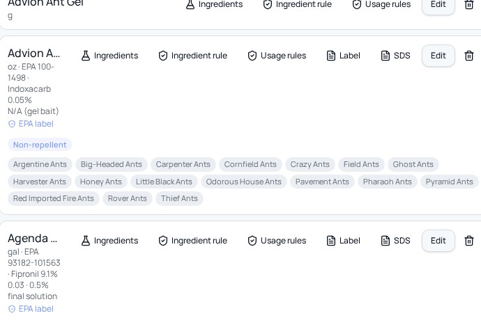 Real PestSynch chemical catalog showing EPA numbers, label details and product rules
