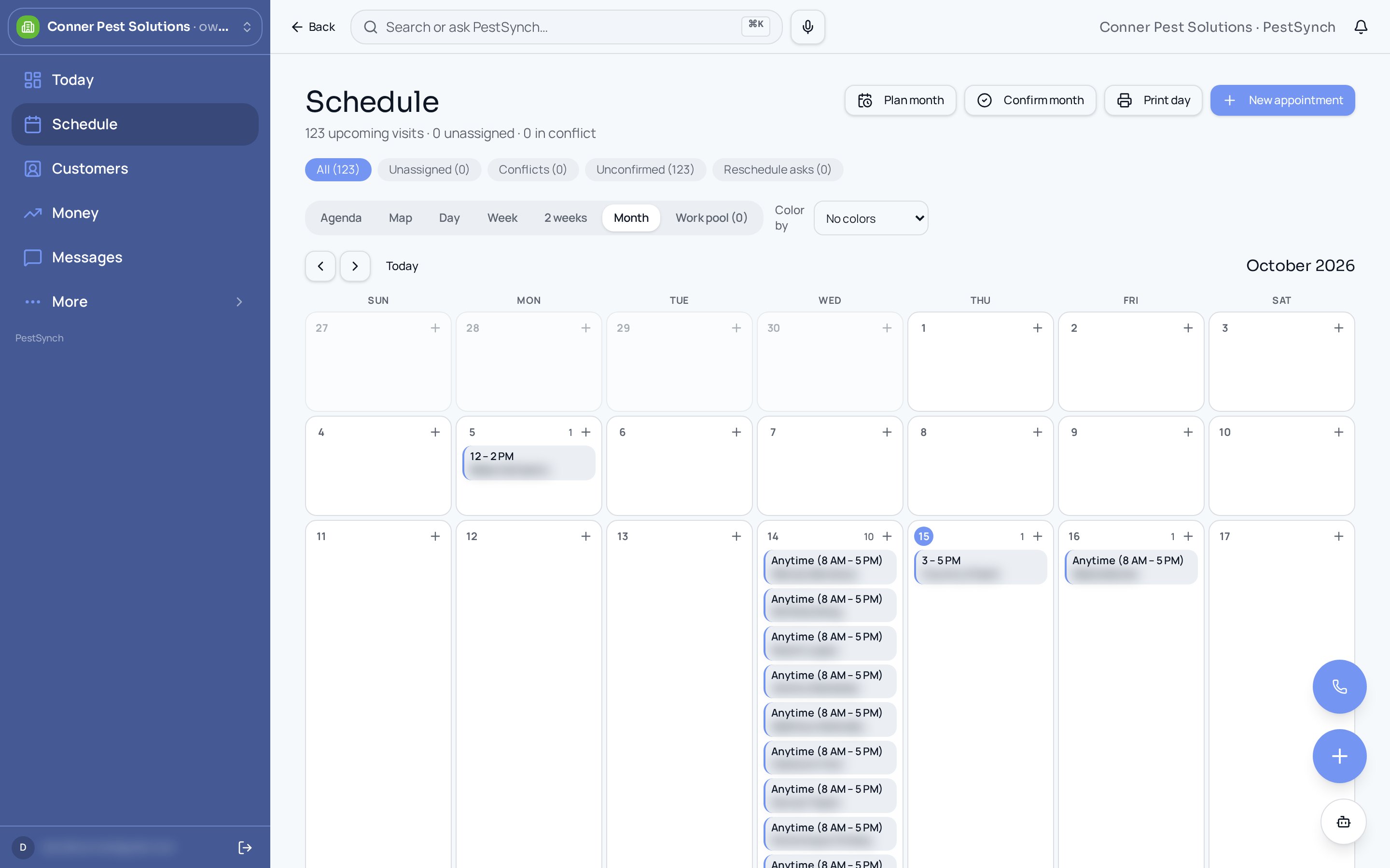 PestSynch month schedule with visits in Anytime 8 AM to 5 PM arrival windows