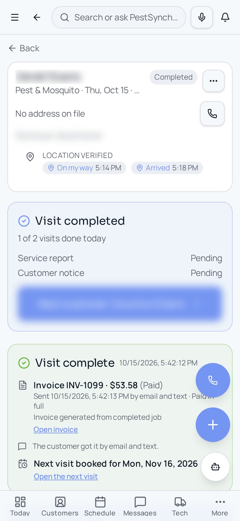 PestSynch on a phone: completed visit with invoice sent and next visit booked