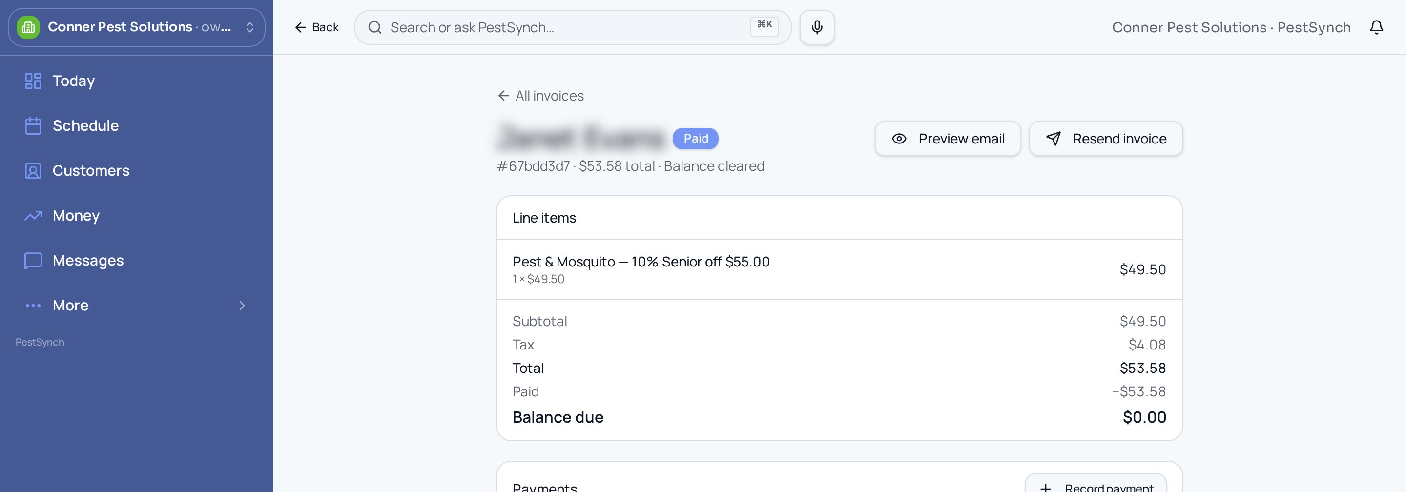 PestSynch invoice with 10% Senior discount, tax, card payment and status timeline