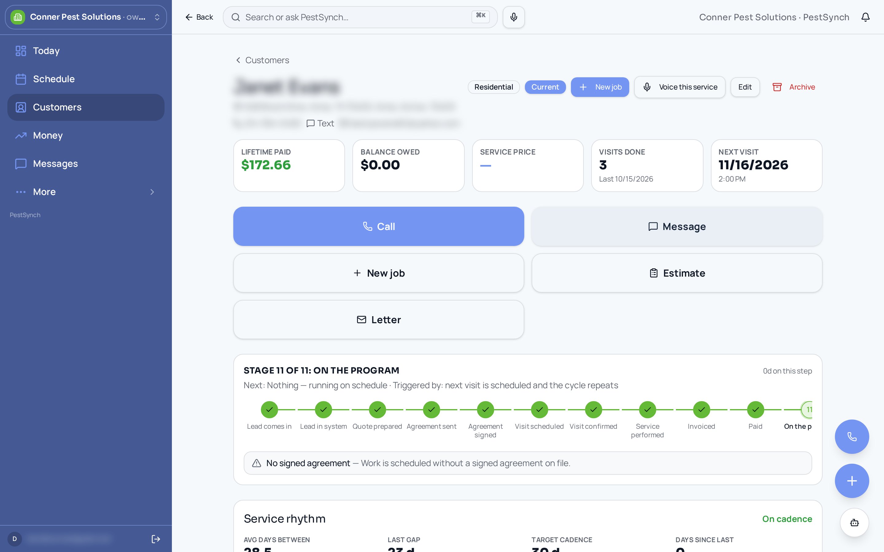 PestSynch customer page with lifetime paid, next visit and the 11-step progress bar